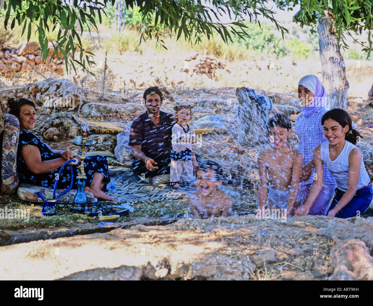 Family picnic in Yammouneh village, Beqaa valley, Lebanon Stock Photo