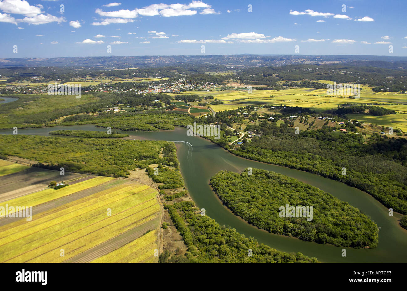 Maroochy River and Sugarcane Fields Sunshine Coast Queensland Australia