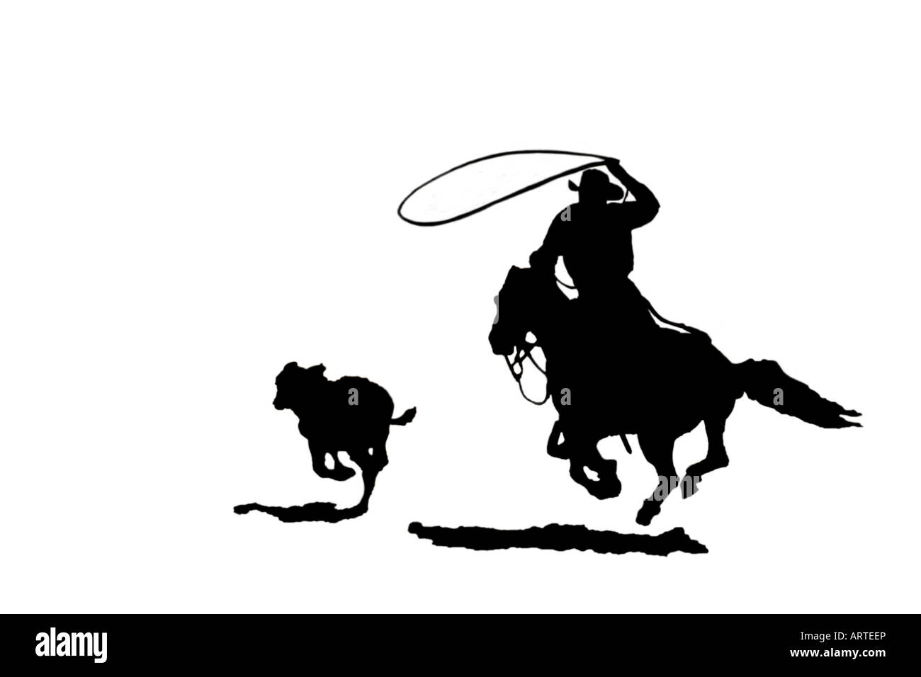 Black and white silhouette cutout of cowboy chasing after calf with lasso at a rodeo Stock Photo