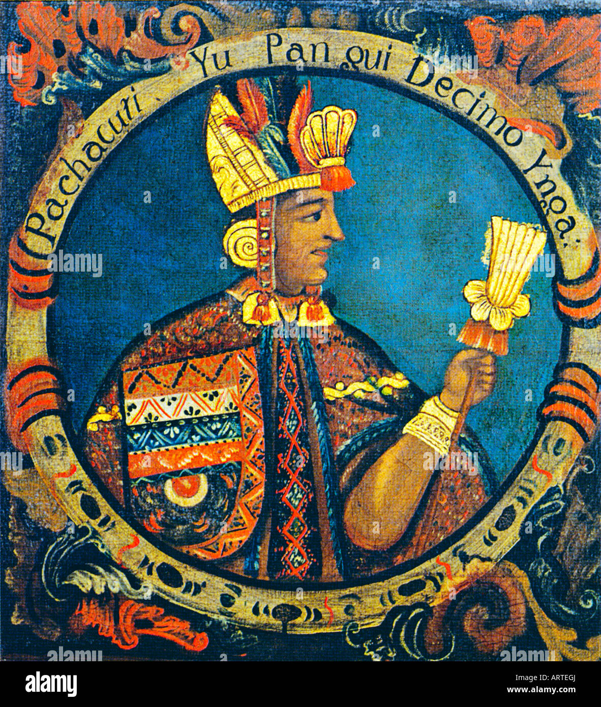 Pachacuti Inca King who built Machu Picchu c1450 in an 18th century  painting based on 1615 engraving by Antonia de Herrera Stock Photo - Alamy
