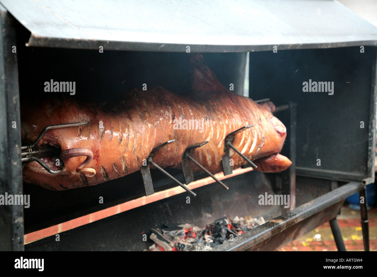hog roast on spit Stock Photo