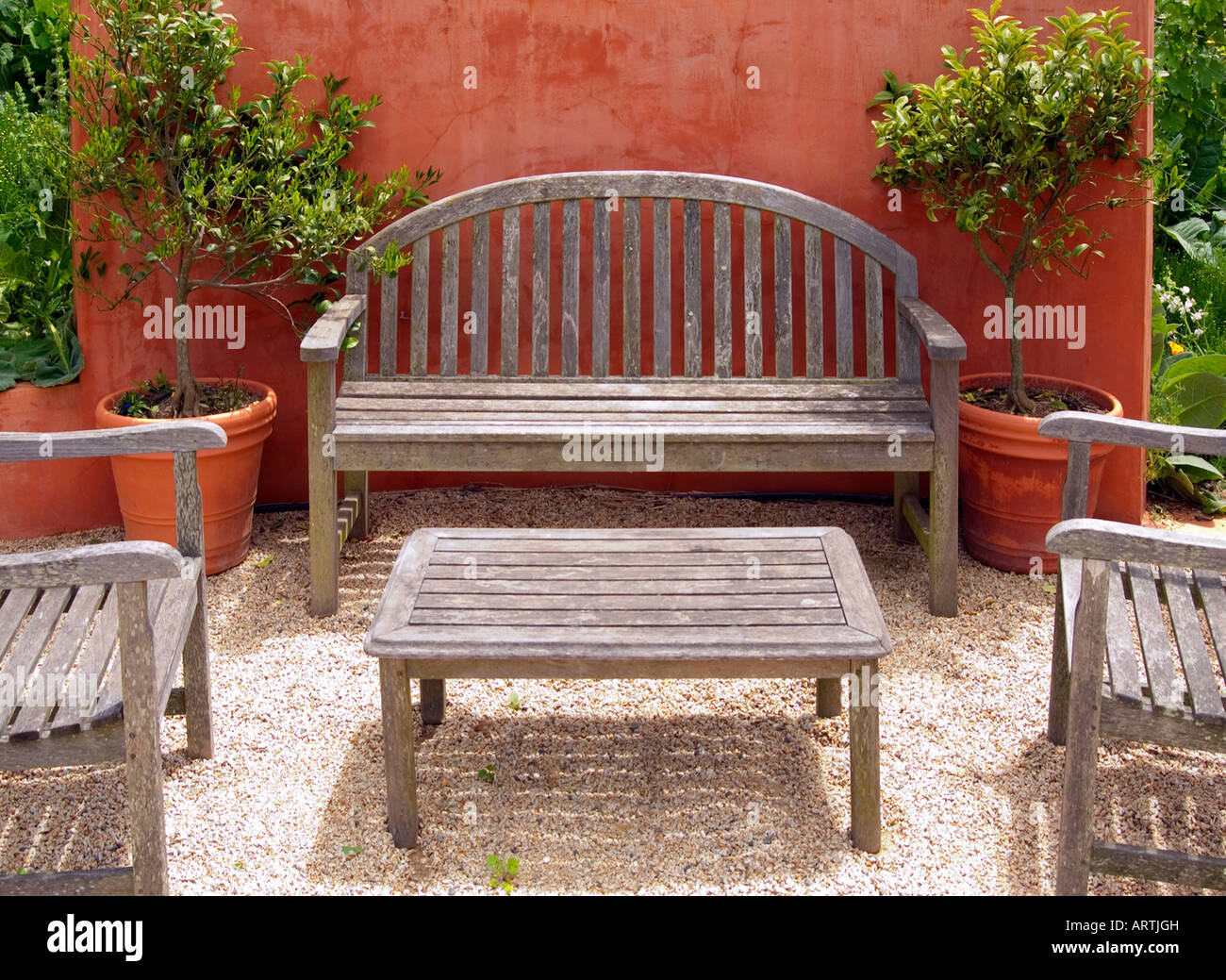 Garden bench and table. Stock Photo