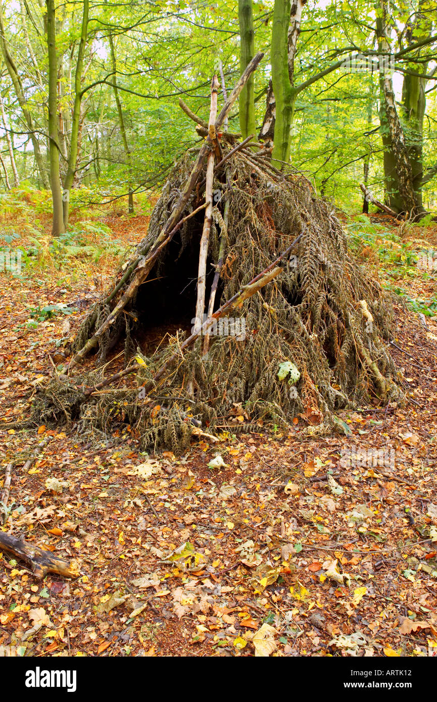 Makeshift Forest shelter or hide survival skills Stock Photo