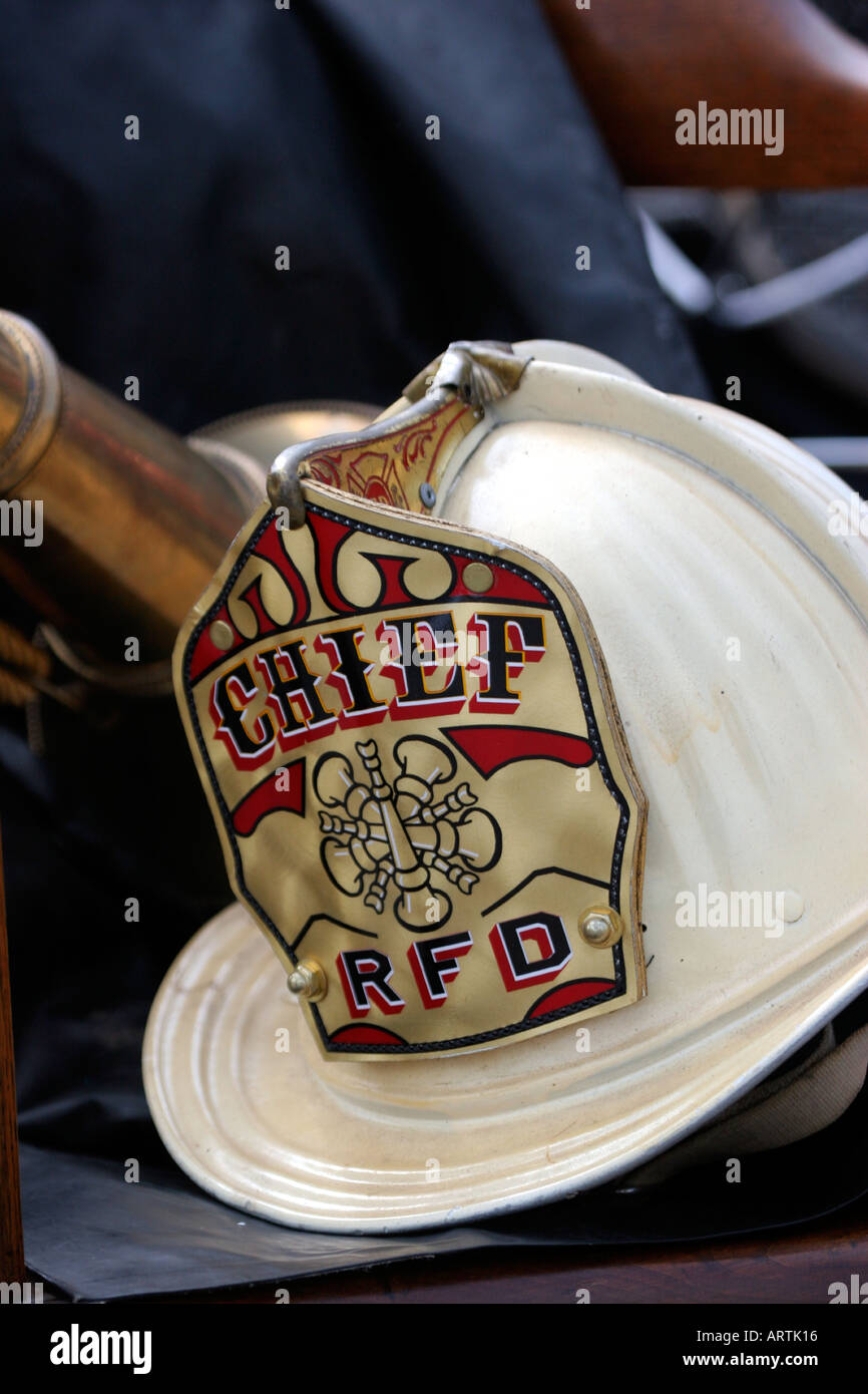 Historic Richfield Wisconsin White Fire Chief Helmet on a fire engine