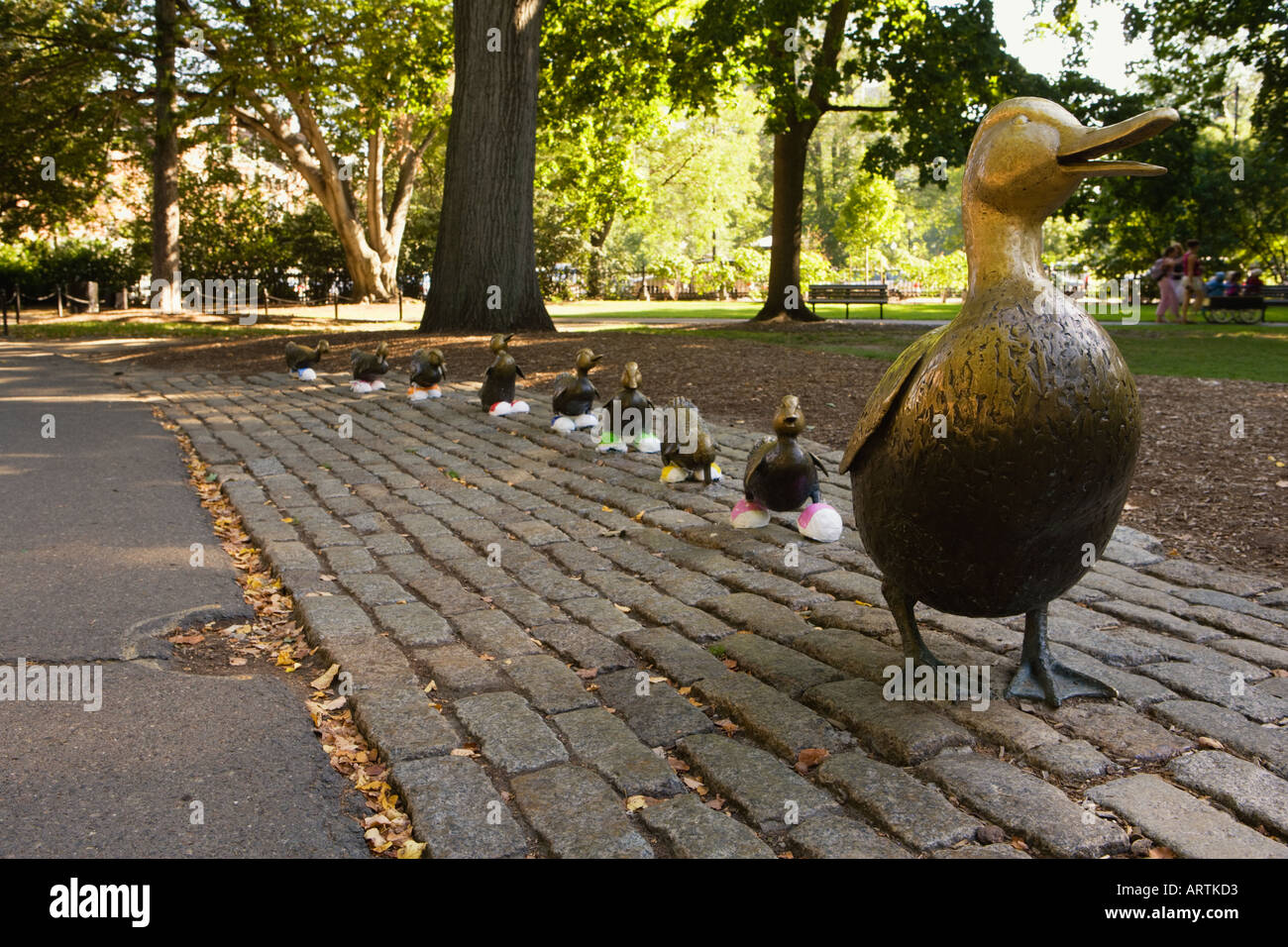 Make Way for Ducklings statues wearing shoes in the Boston Public Garden Boston MA USA Stock Photo