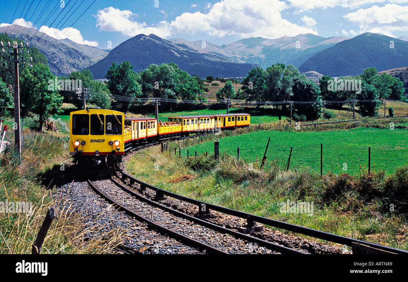 Train jaune  in  Pyreneans mountains, Languedoc Roussillon, France. Stock Photo