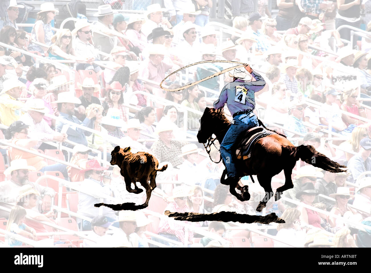 Concept image of rodeo scene with cutout of cowboy chasing after calf with lasso against background of crowd in cowboy hats Stock Photo