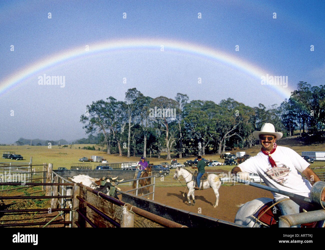 Rainbow over an upcountry Maui roping arena on the slopes of Haleakala Stock Photo