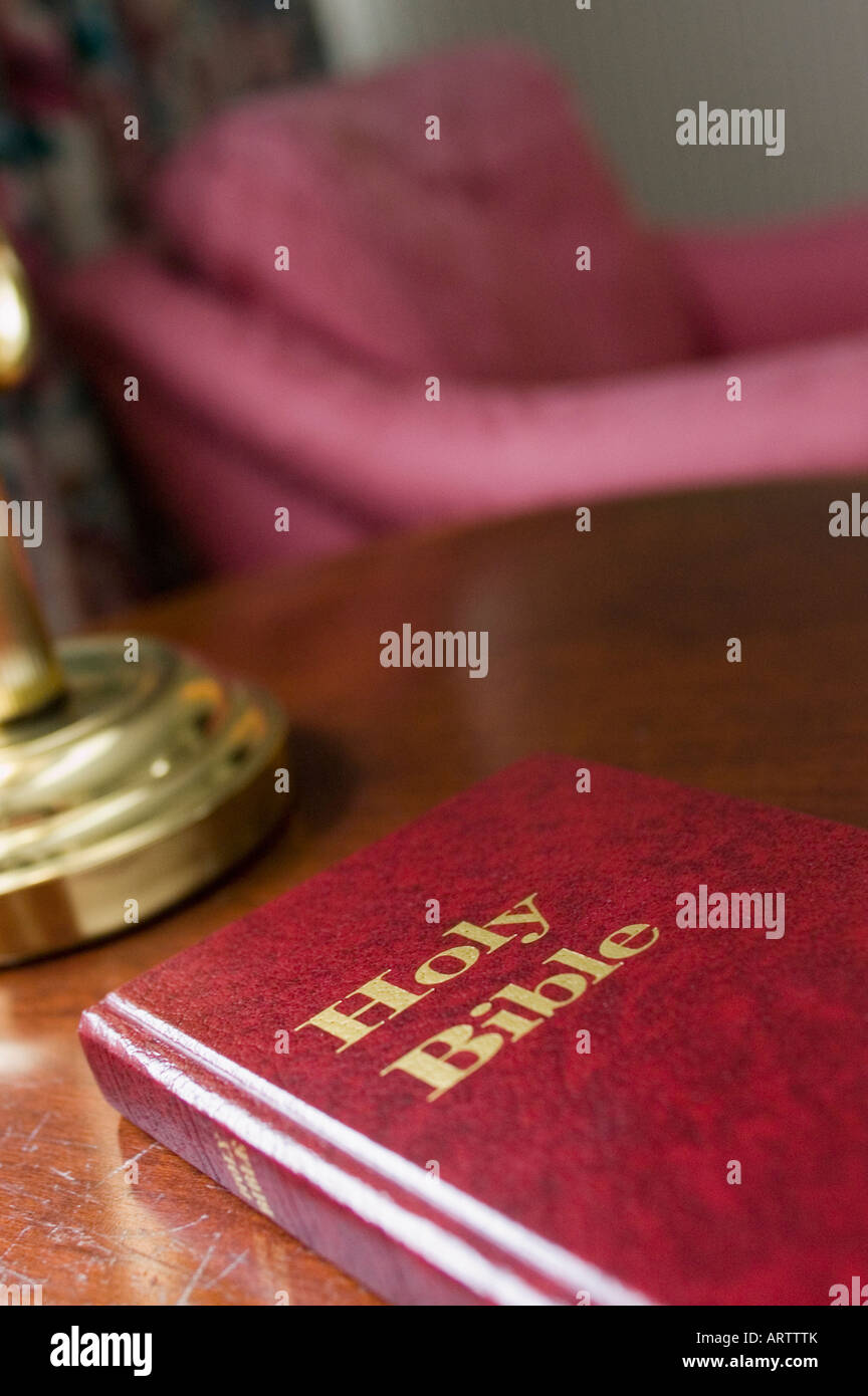 Bible book in a hotel room Stock Photo Alamy