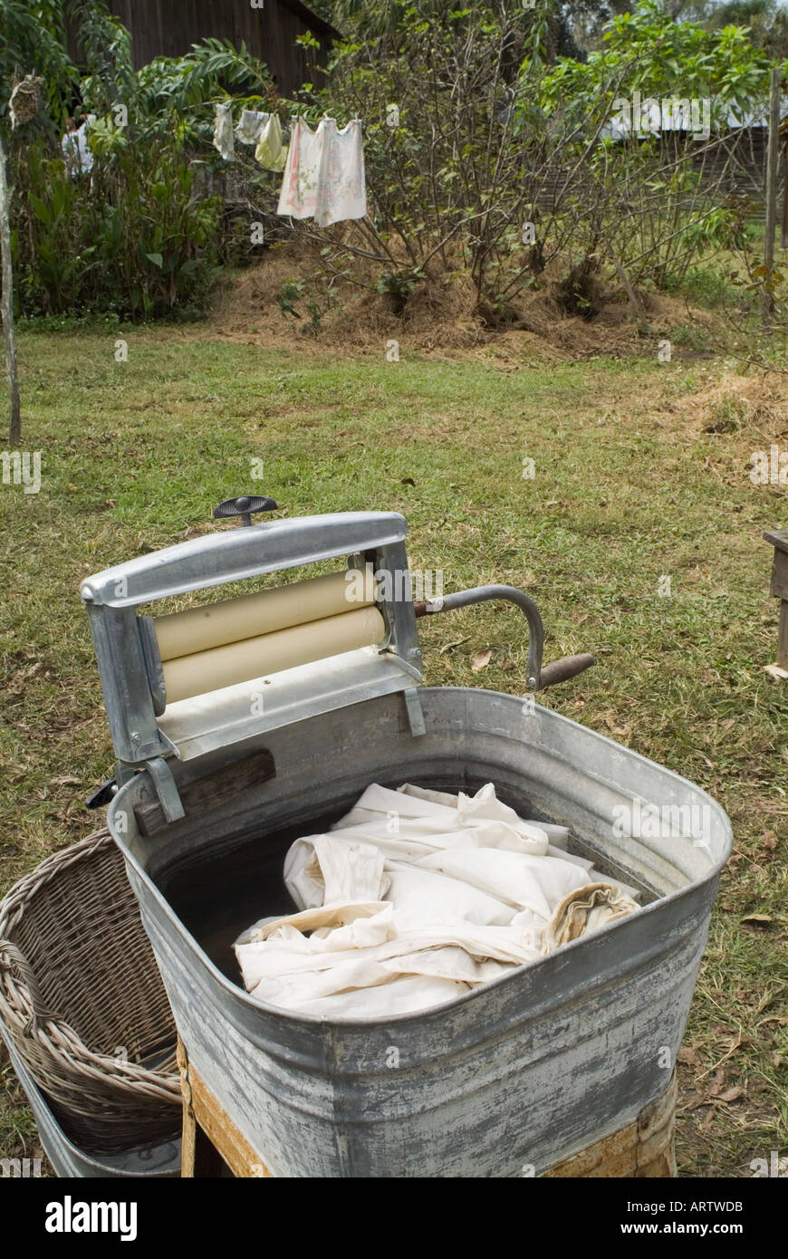 laundry washer old fashioned washtub wash tub Dudley Farm Historic State Park Newberry Florida antiques antique Stock Photo