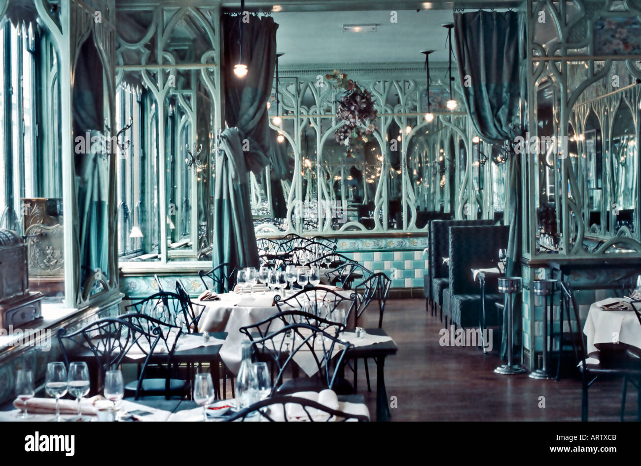 Interior Traditional Belgian Restaurant in Paris, France, 'Bouillon Racine',  Upstairs Dining Room, Empty Tables, art nouveau art, Inside Paris Stock Photo