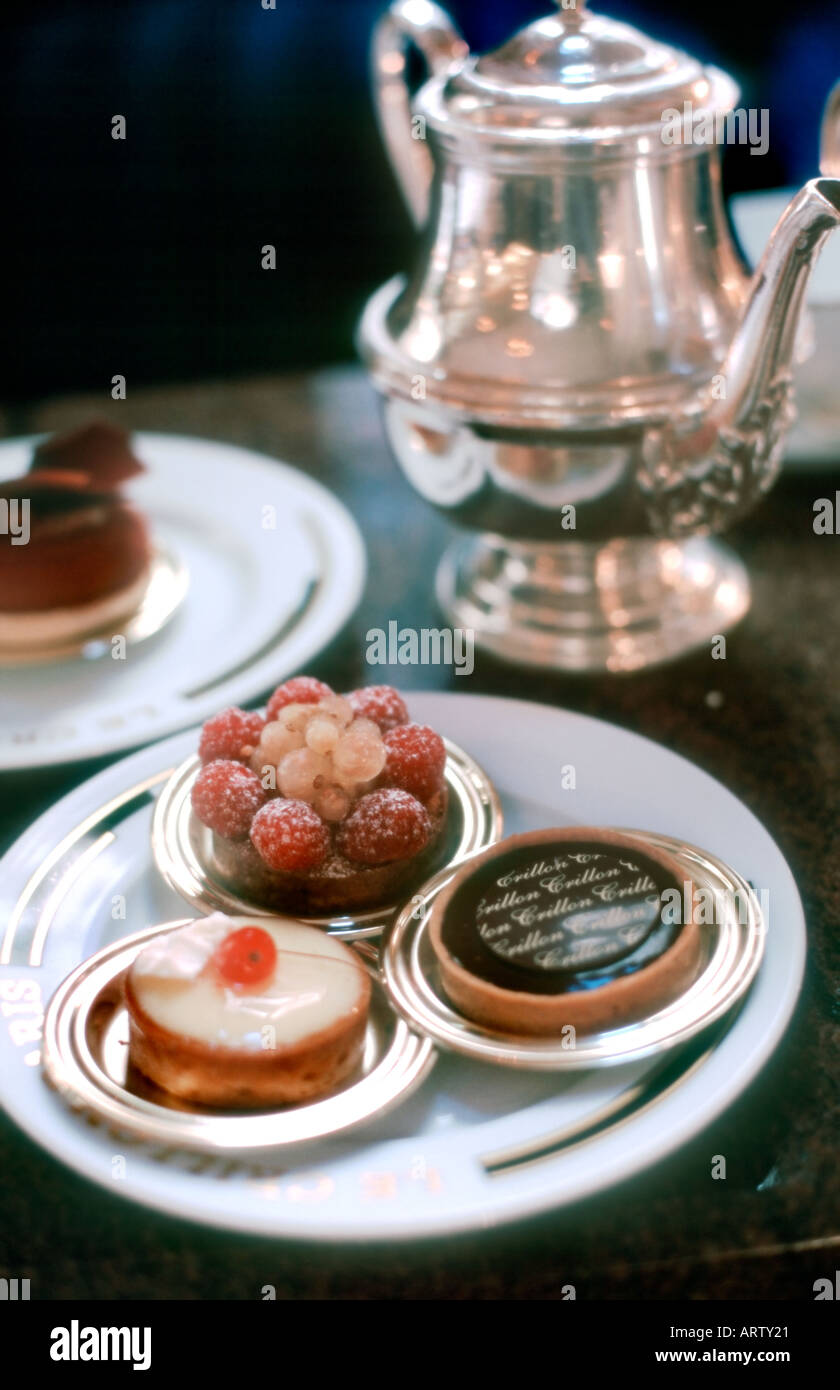 Paris France, Detail, Tea Room, French Cafe in Luxury Hotel 'Le Crillon' Dessert Plates on Table Stock Photo