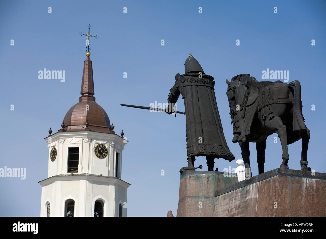 The statue of Grand Duke Gediminas and the Cathedral bell tower in