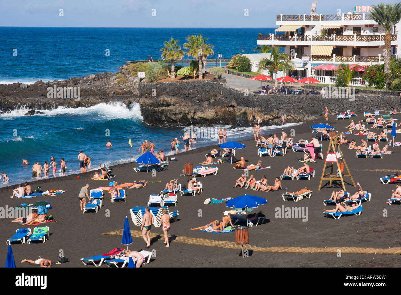 Tenerife Puerto de Santiago Playa de la Arena in November with tourists  Stock Photo - Alamy