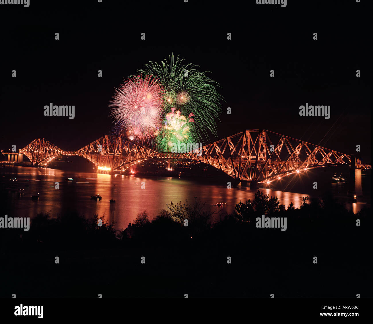 Forth Rail Bridge and fireworks Scotland Stock Photo