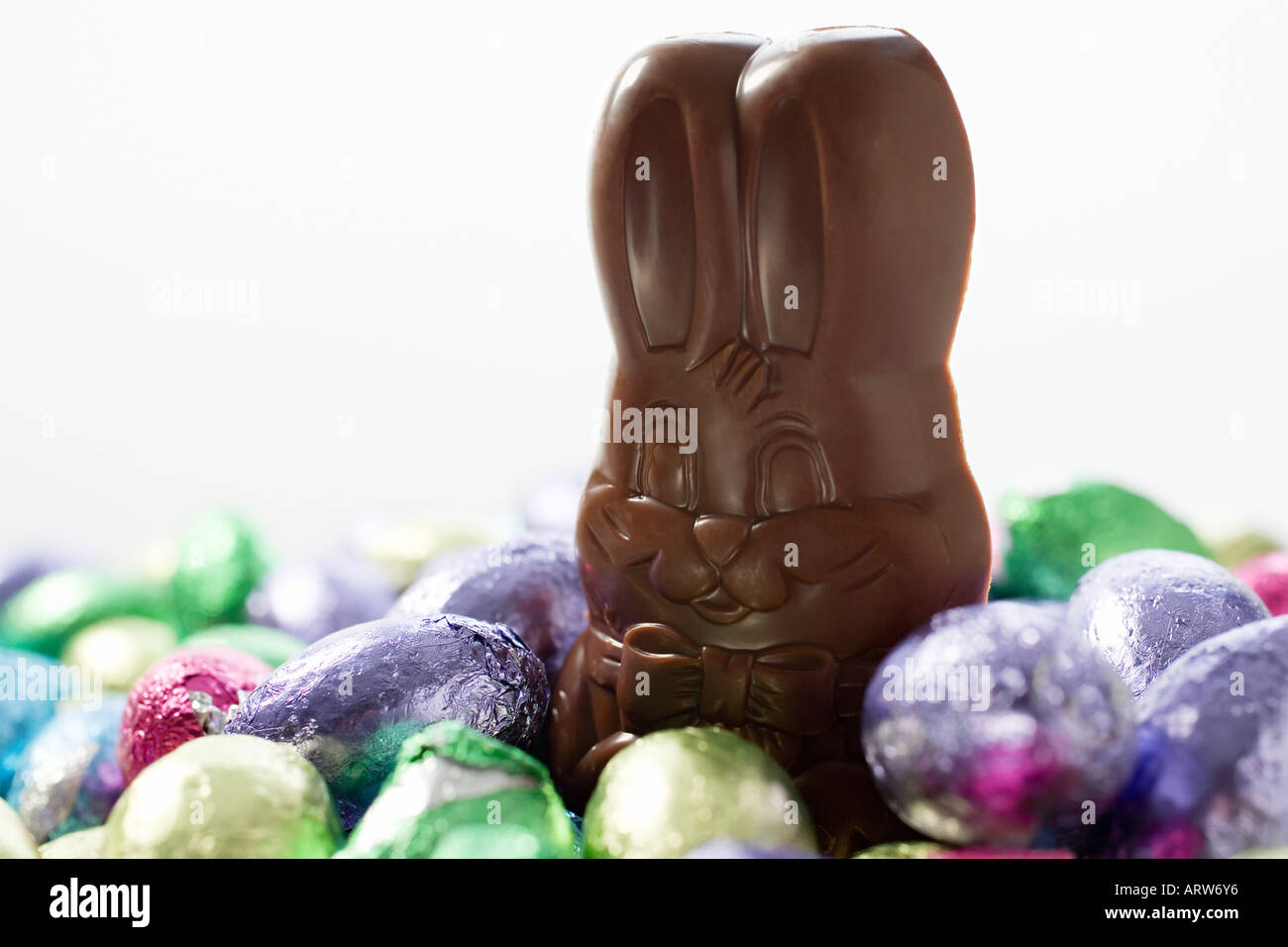Chocolate rabbit and eggs Stock Photo - Alamy