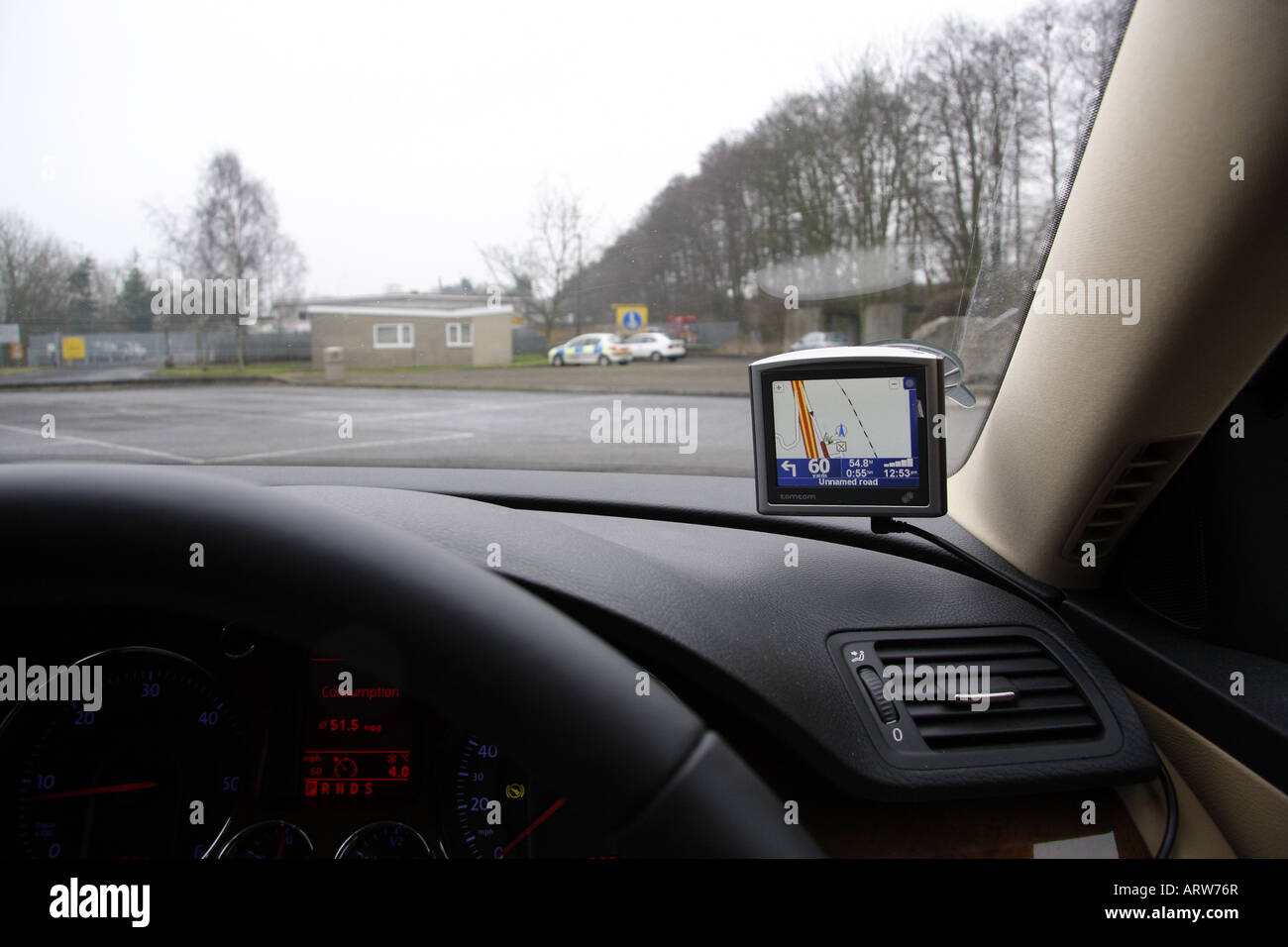 Satellite navigation screen on car dashboard Stock Photo