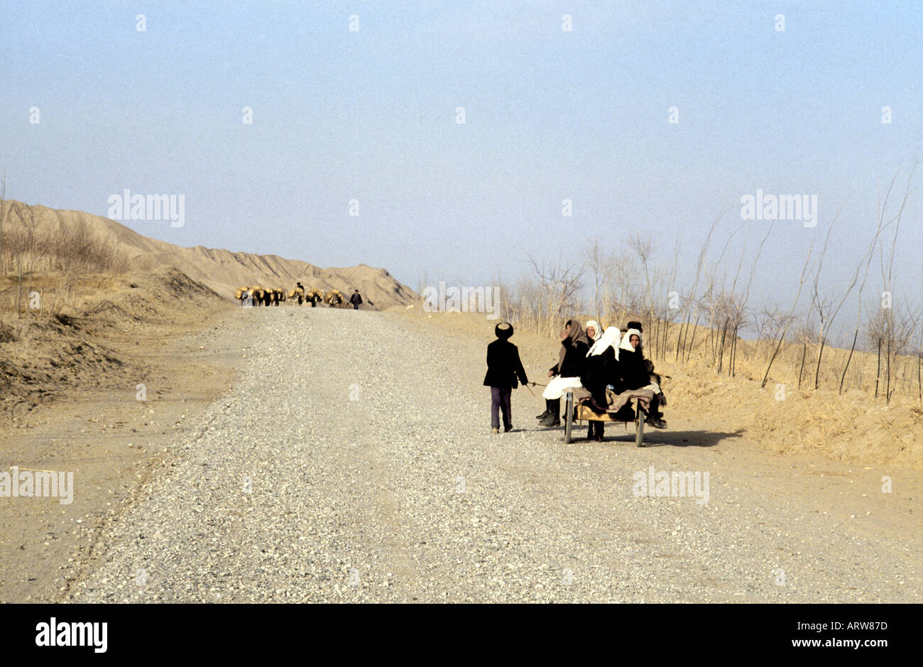 Uyghur village people travelling along the silk road in Xinjiang autonomous region taklamakan desert western china Stock Photo