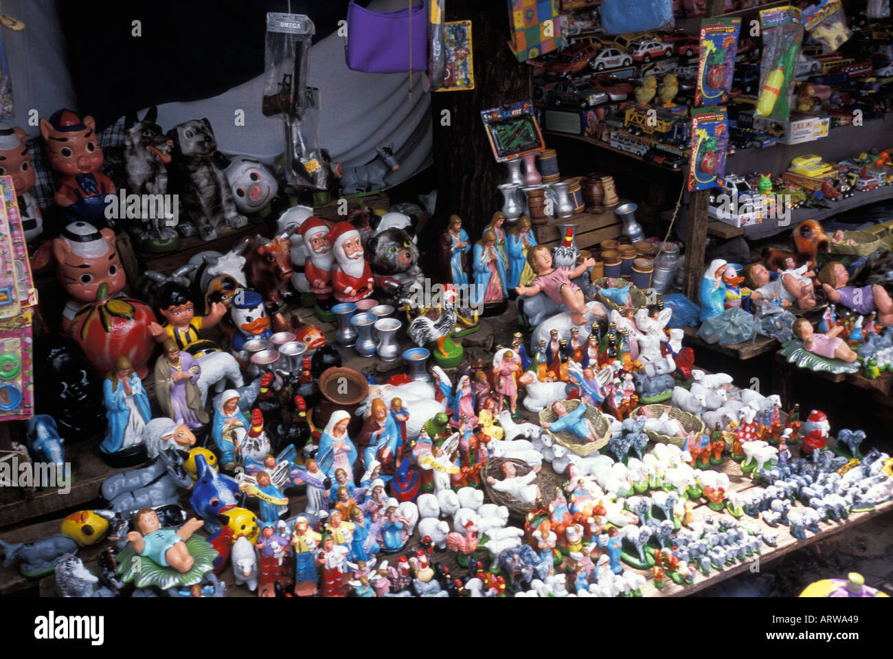 Stalls selling figurines and statues at Caacupé Paraguay during the day of Immaculate Conception Dia de la Virgen Stock Photo