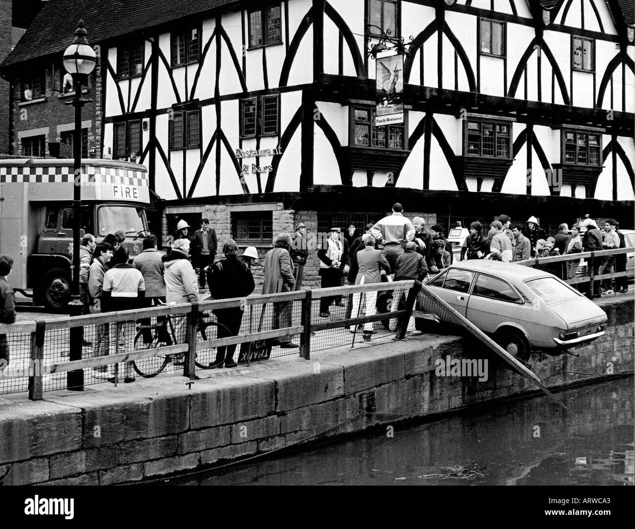 Car reversed through railings over River Witham in Lincoln Stock Photo