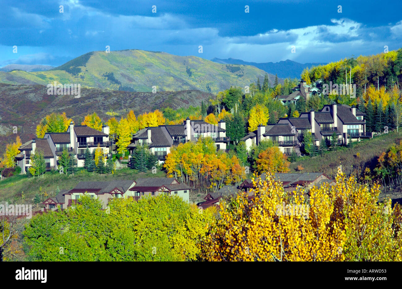 Condominiums and fall foliage in Snowmass Village Colorado USA Stock