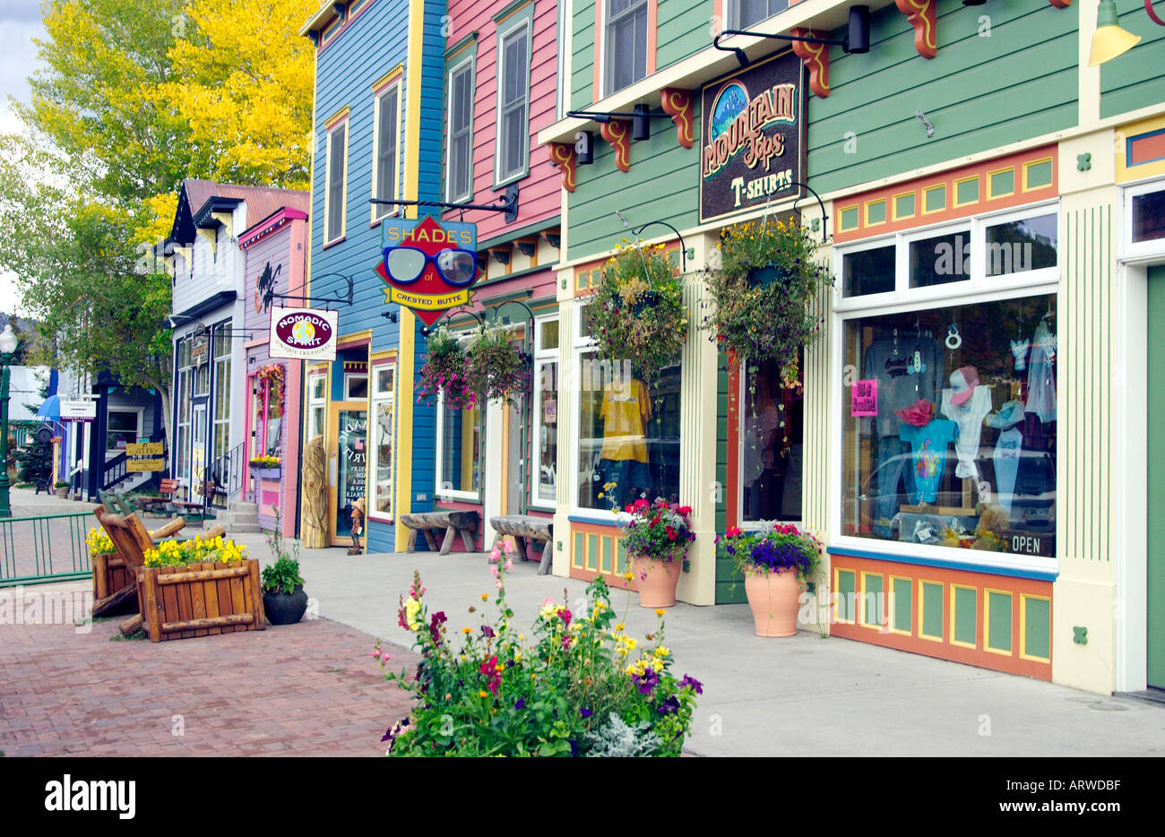 Colorful historic restored shops on main street in Crested Butte Stock