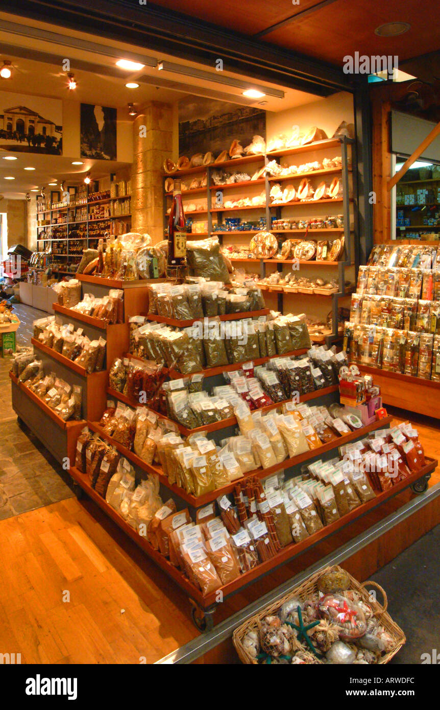 Greek Store Herbs and spices on display in shop in Greek Grecian Crete Stock Photo ...