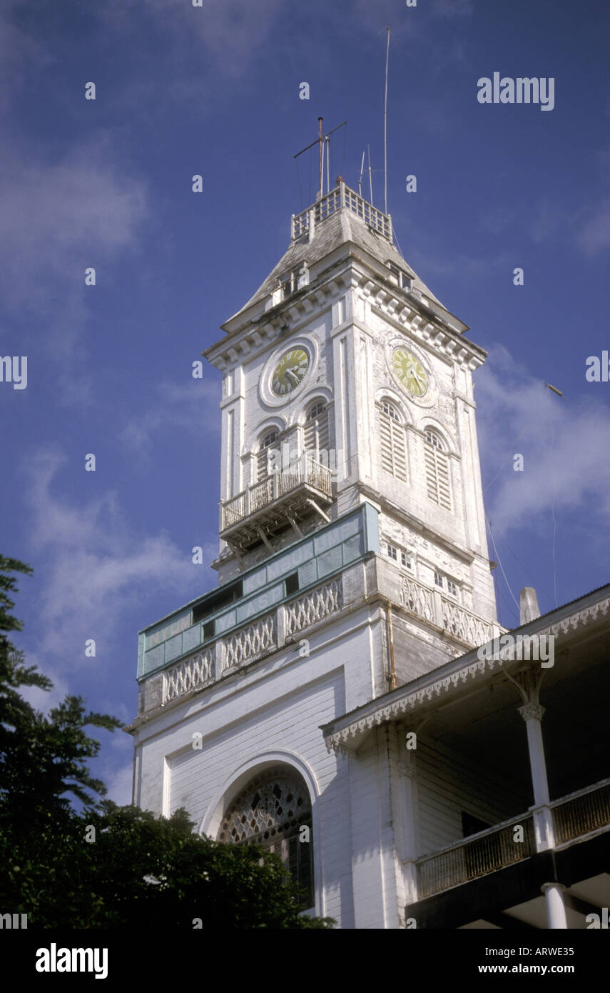 The clock tower of the House of Wonders or Beit el Ajaib in the stone town Zanzibar Tanzania East Africa Stock Photo