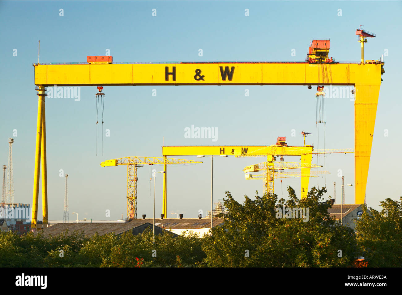 Harland Wolff shipyard cranes Samson and Goliath, Belfast, Northern Ireland. Prominent Belfast skyline feature Stock Photo