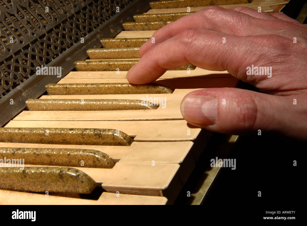Hand playing an Accordion keyboard Stock Photo Alamy