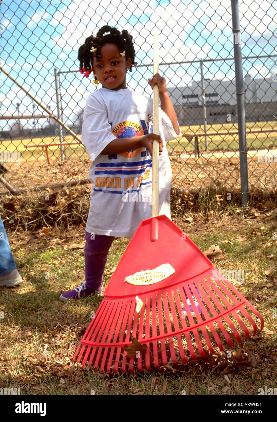 Girl age 5 raking leaves in neighborhood baseball field cleanup. St