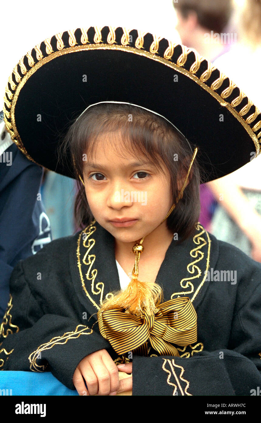 Girl age 6 wearing ethnic attire for Cinco de Mayo Festival Parade. St Paul Minnesota USA Stock Photo