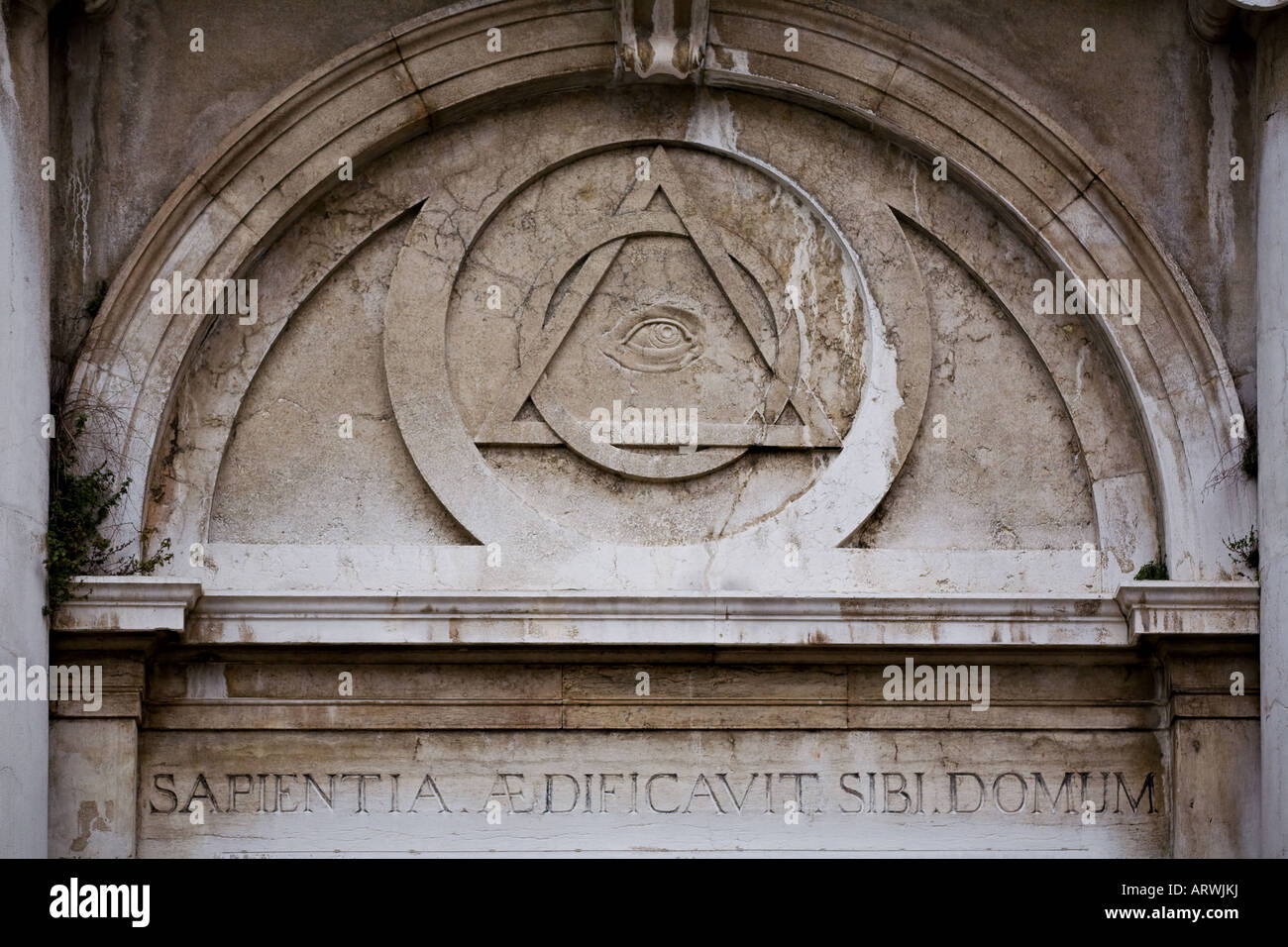 Inscription on the front portal of La Maddalena church in Venice Stock Photo