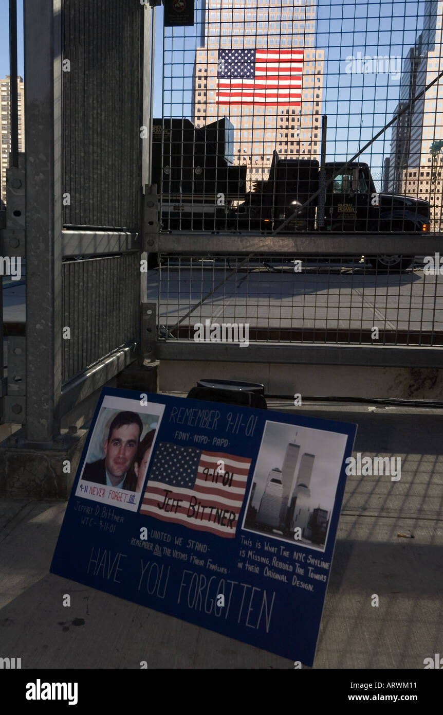 A plaque placed at Ground Zero remebers Jeff Bittner, lost on Septemeber 11 2001 Stock Photo