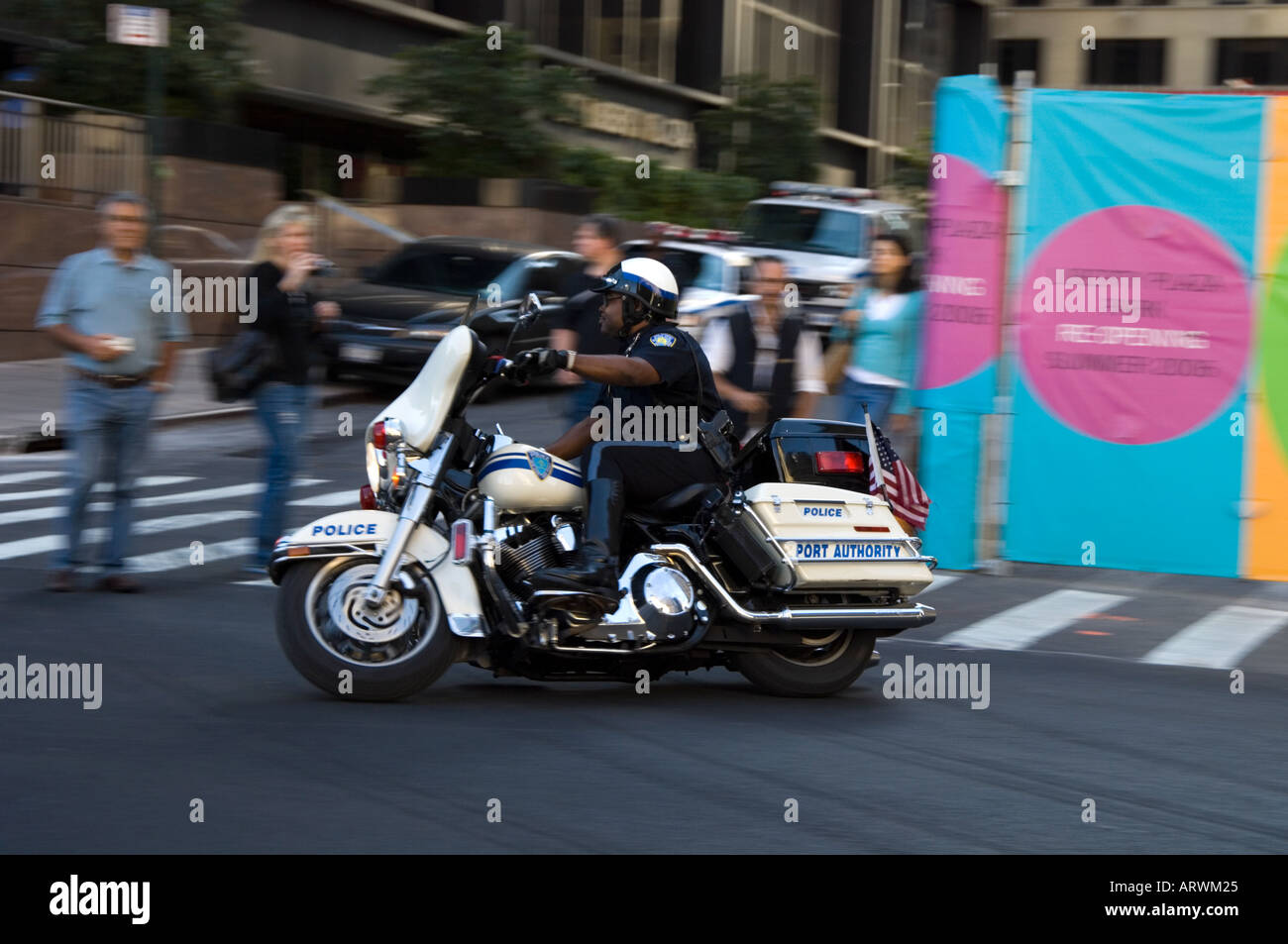 Bike cop pulls onto Church st, Ground Zero, New York Stock Photo