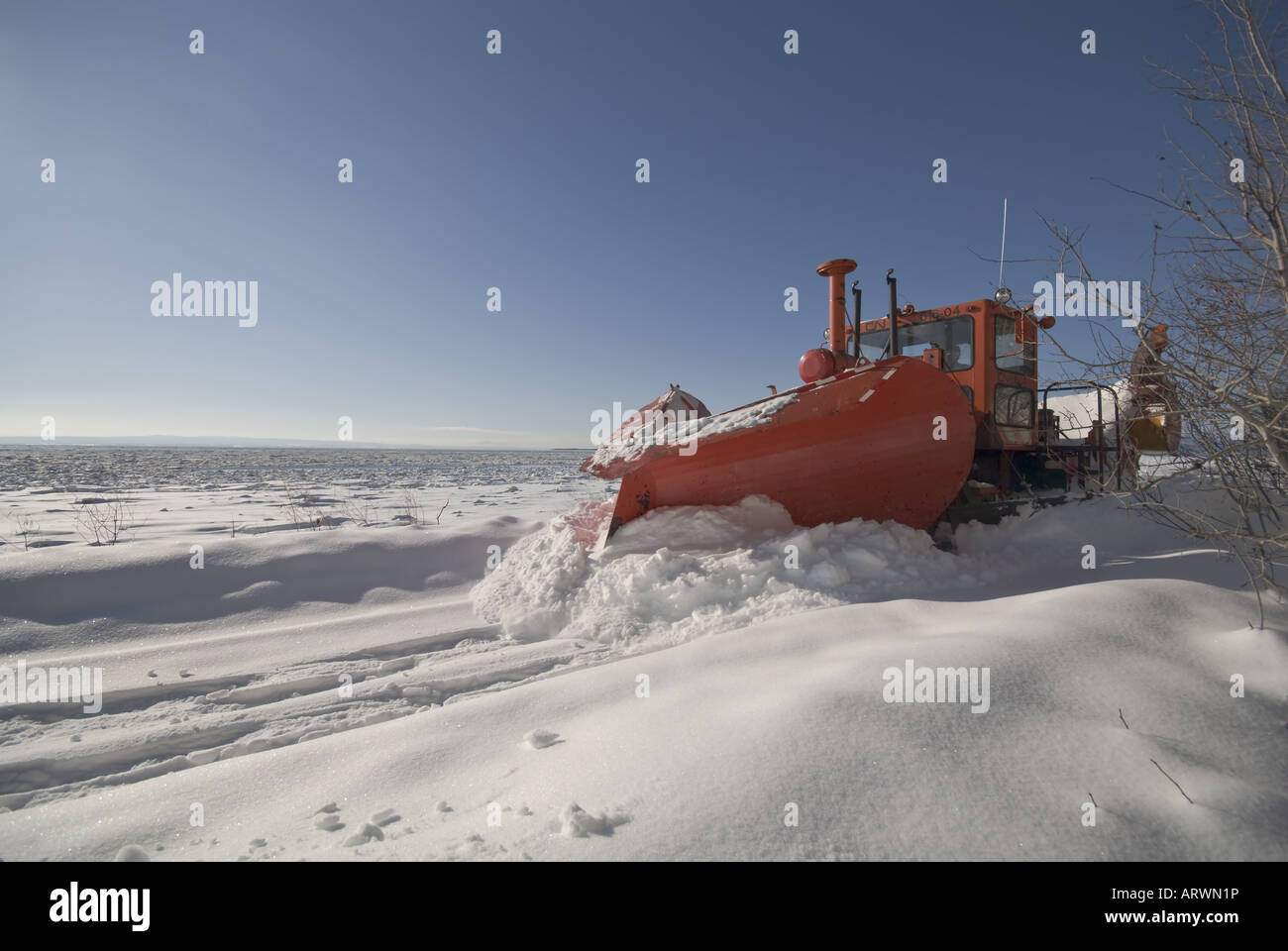 The Canada Railroad snow removal equipment on the tracks Stock Photo