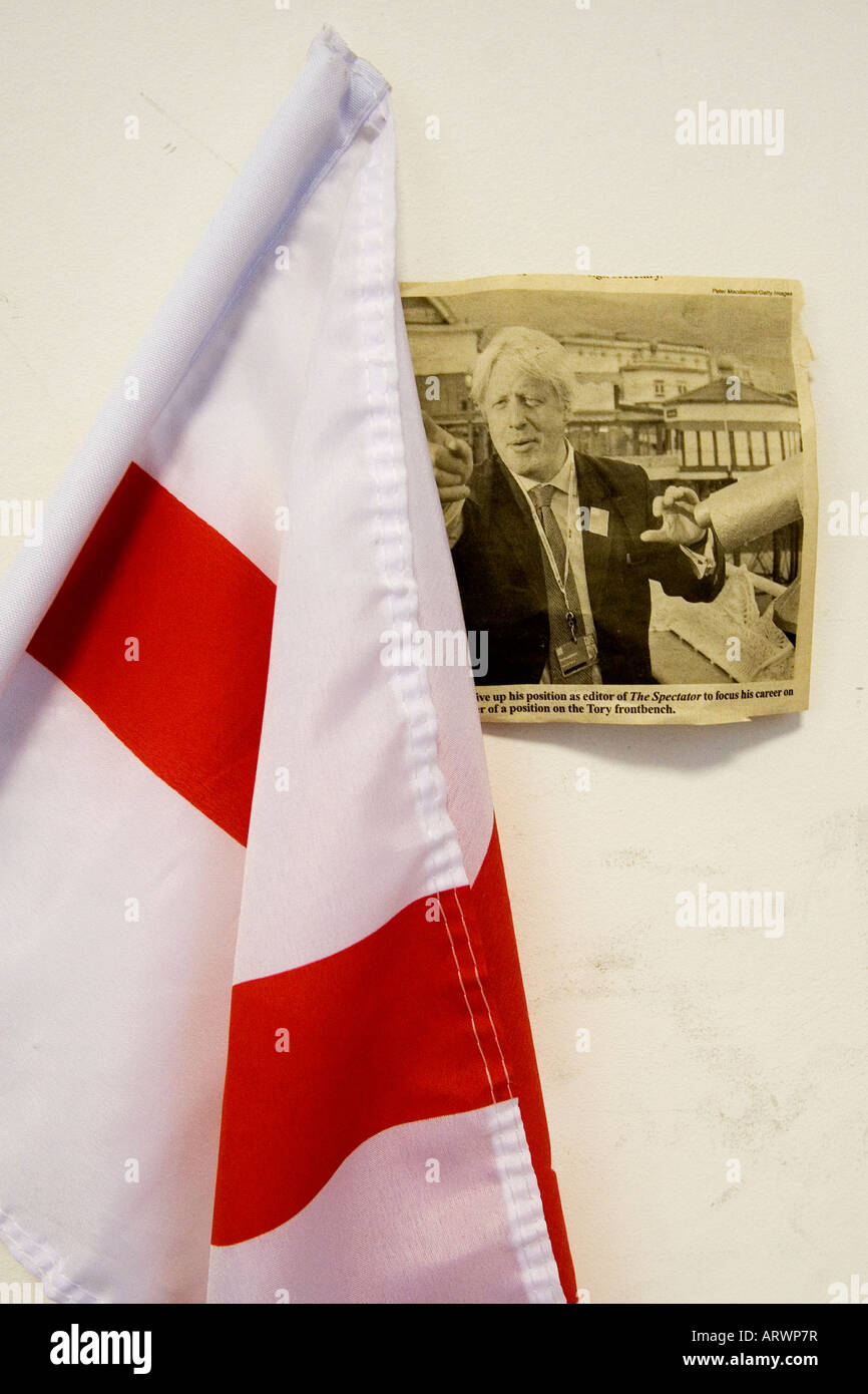 Newspaper clipping of Boris Johnson next to the St. George Flag. Stock Photo