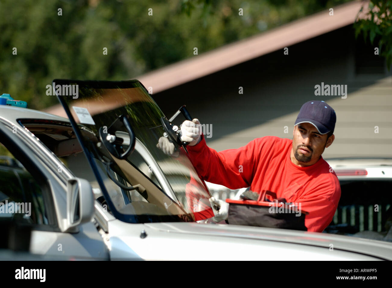 Young worker installing windshield on SUV vehicle Stock Photo Alamy