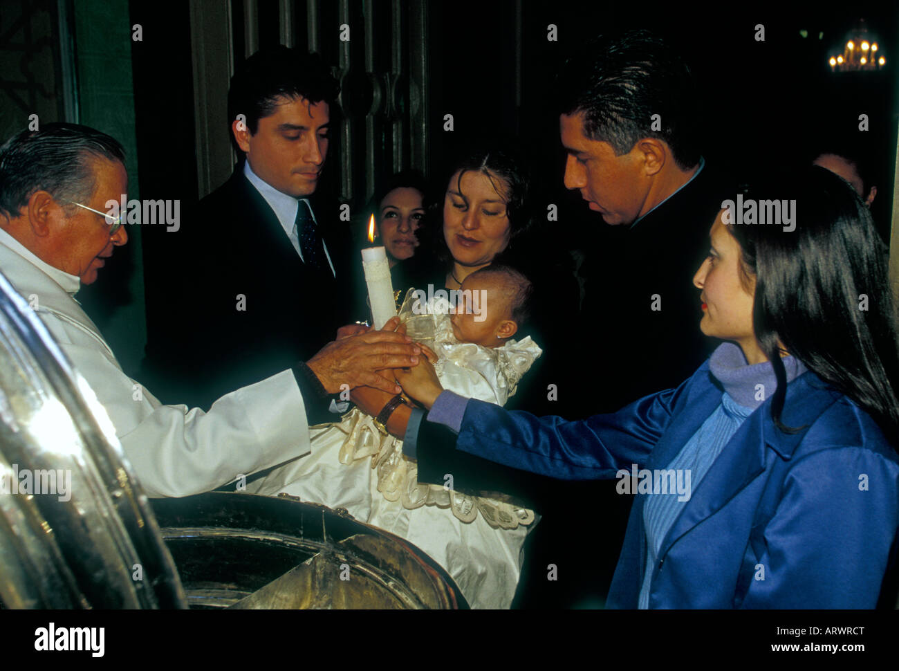 Mexican family, people, priest, padre, baptism, Cathedral of the Divine Savior, city of Morelia, Morelia, Michoacan State, Mexico Stock Photo