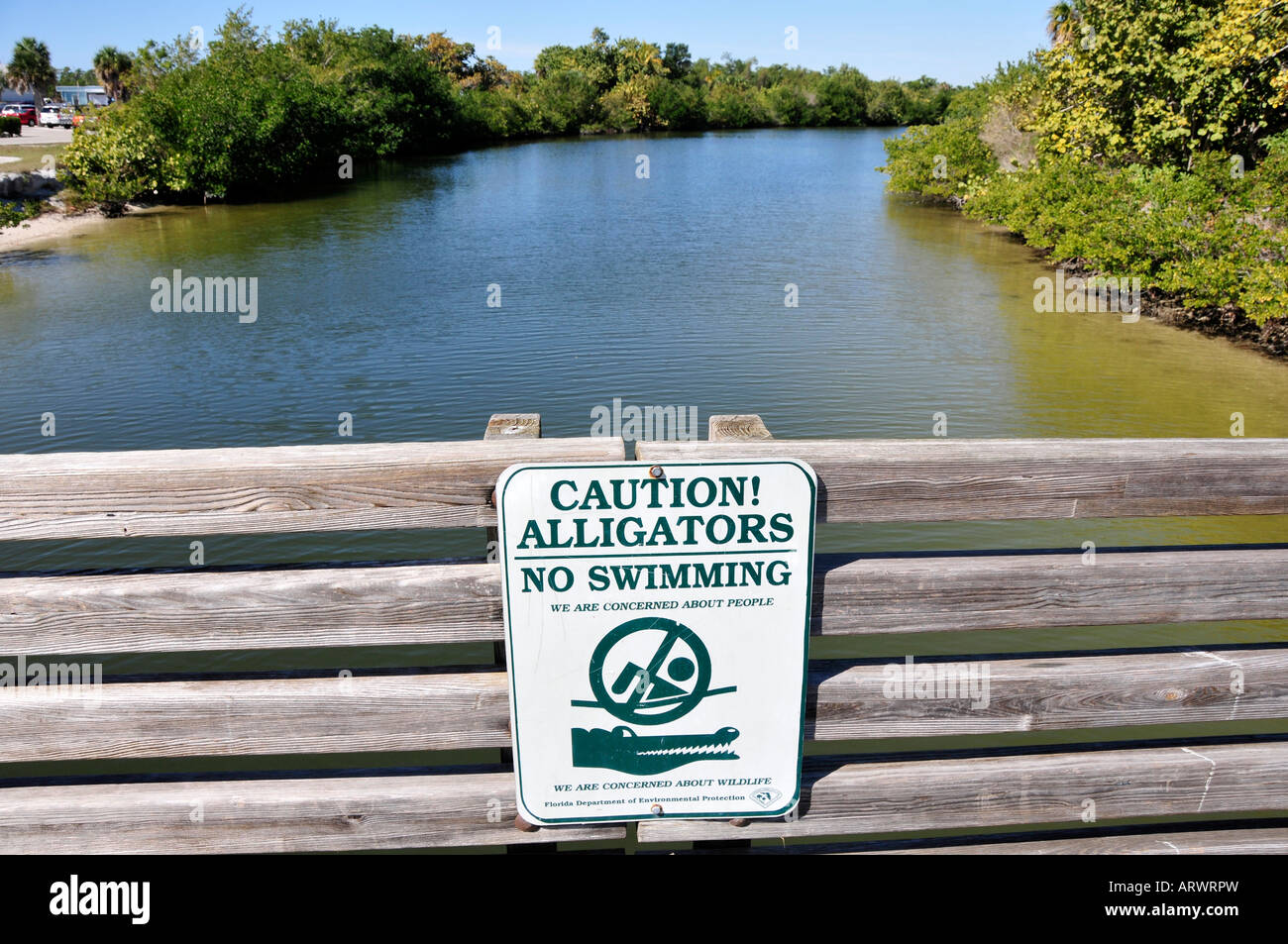 Caution Alligators no swimming sign at Lovers Key State Park Recreation