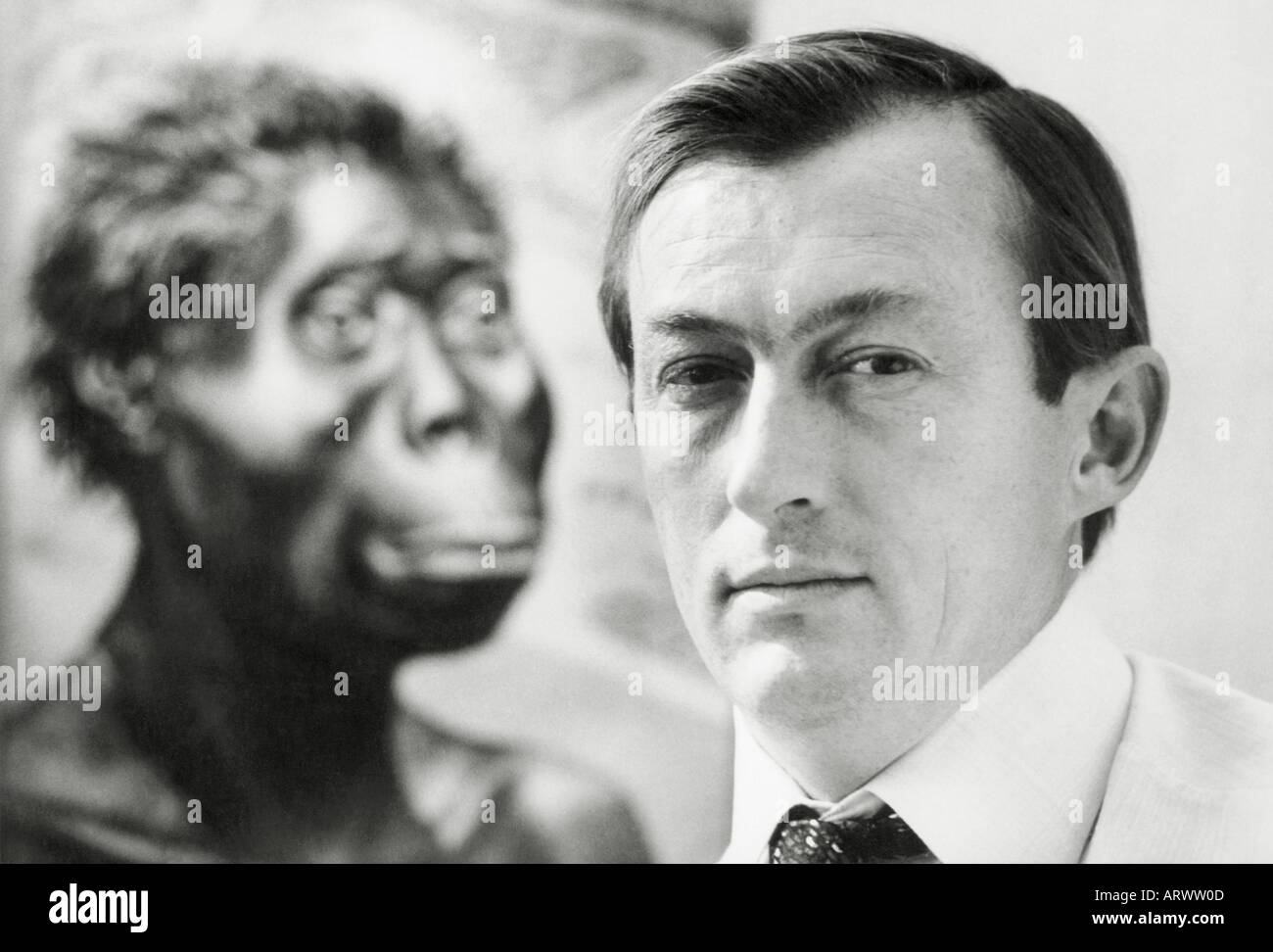 Richard Leakey, best known for his work on human origins, in 1978 with a rendering, from female bones,.of 'Oldest Man' Stock Photo