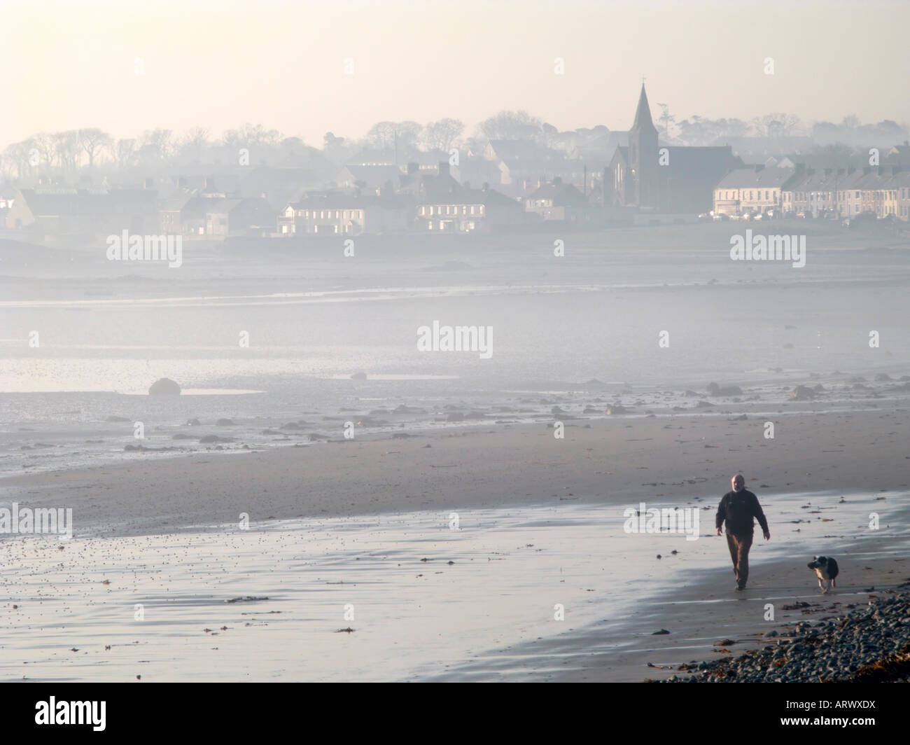 Ballywalter shrouded in mist with man walking his dog County Down Northern Ireland Stock Photo