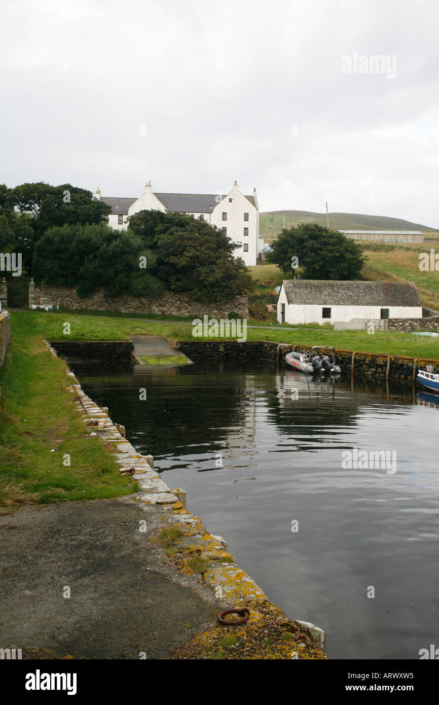 View of Busta House Hotel and harbour at Brae, Shetland Islands Stock Photo