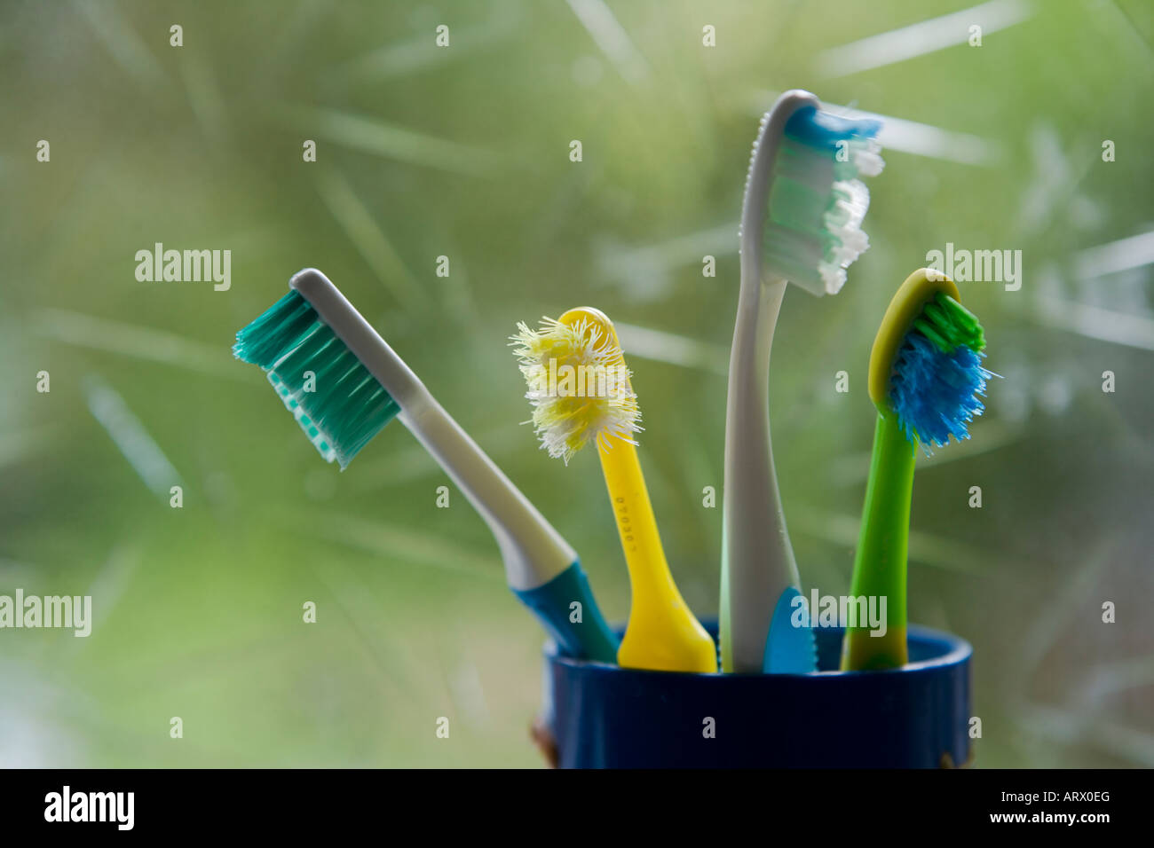 Toothbrushes old worn used bathroom hires stock photography and images