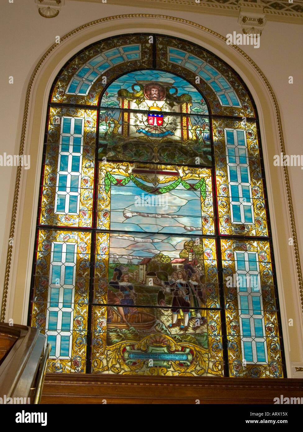 A stained glass window inside the Assemblee Nationale on Grande Allee