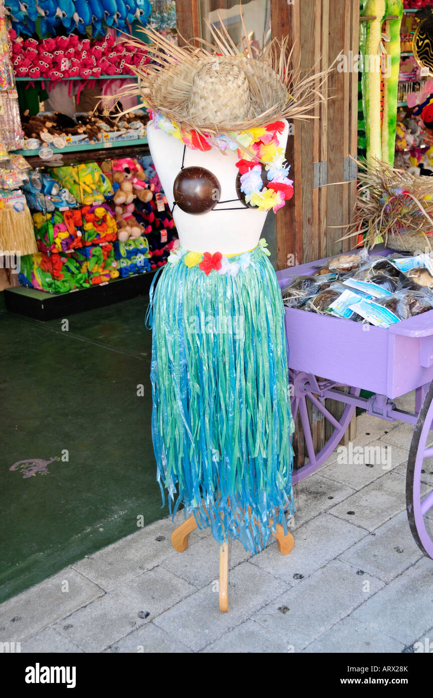 Key West Florida jewelry display souvenirs colorful necklaces gifts clothes  tropical mannequin hat coconut grass skirt Stock Photo - Alamy