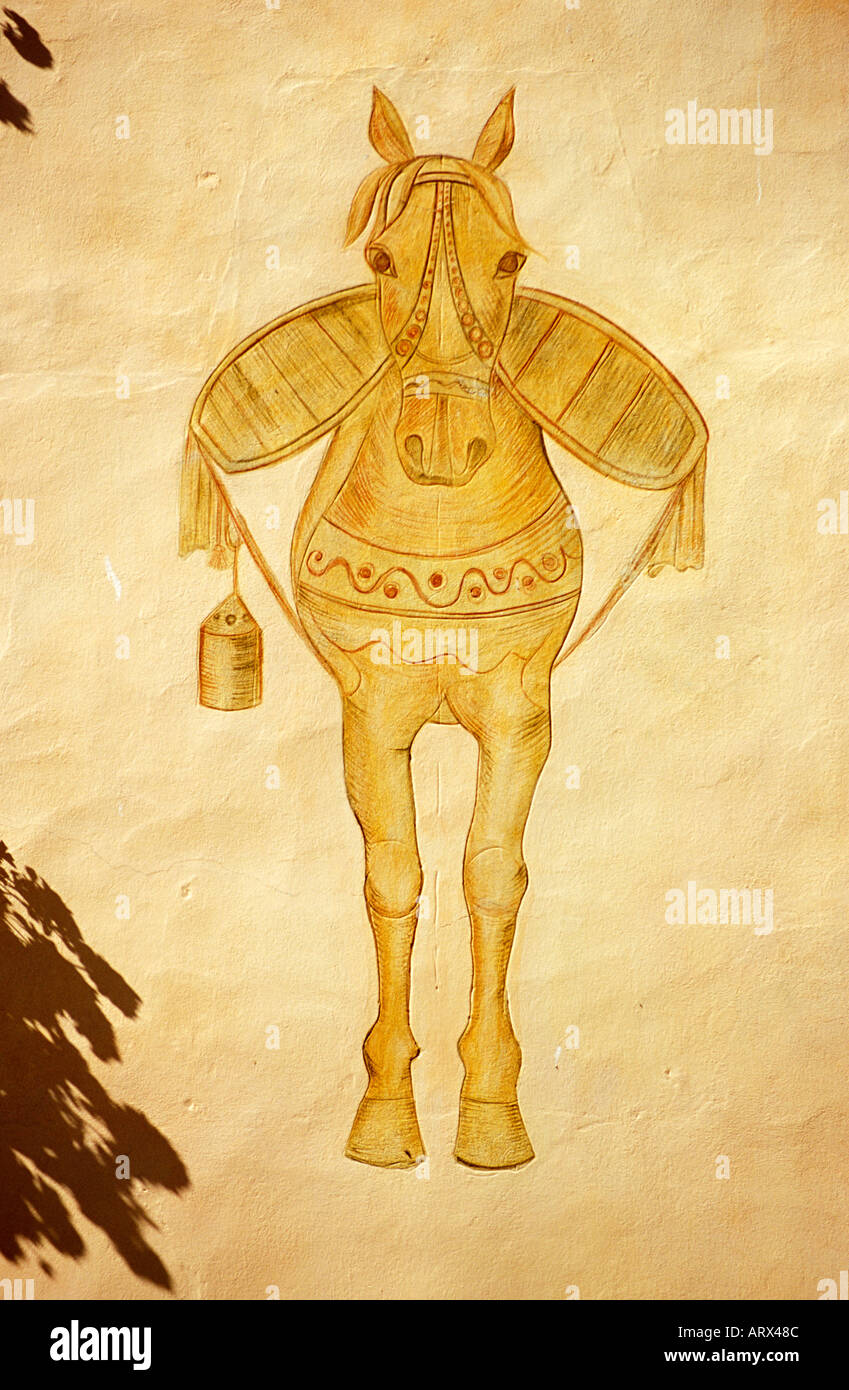 SWITZERLAND Mountain Village of Guarda Colorful Sgraffitio Horse Decoration On the Wall of A Historic Home Lower Engadine Val Stock Photo