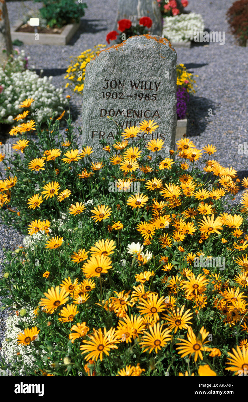 Mountain Village of Guarda, Church cemetary Lower Engadine Valley. Switzerland Stock Photo