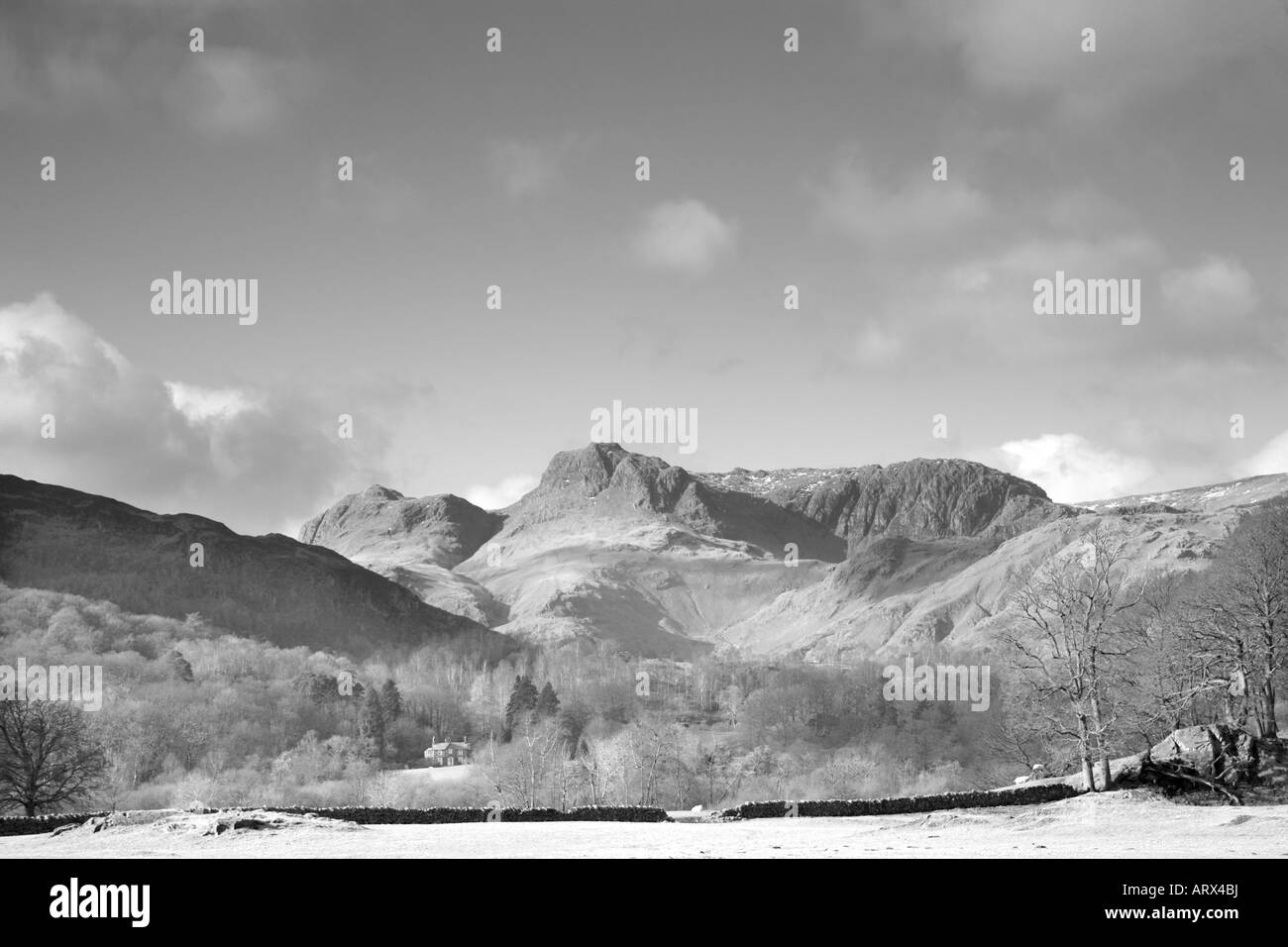 Distant view of the Langdales from Elter Water 'Lake District National Park' Cumbria, UK Stock Photo