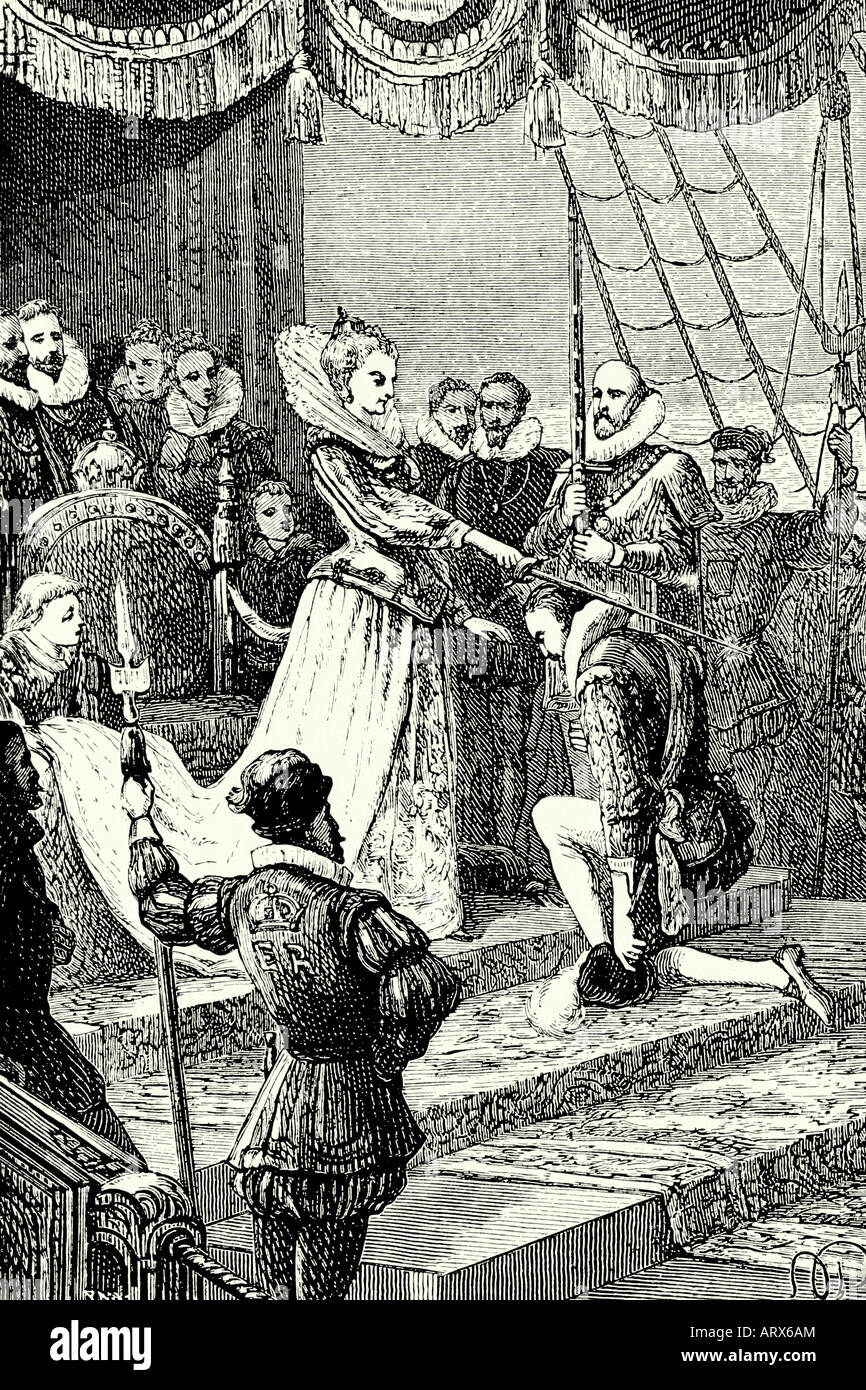 Queen Elizabeth I knighting Drake. Antique illustration. 1930 Stock